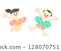 一組穿著泳衣玩游泳圈的孩子夏季主題簡單的水彩畫 128070751