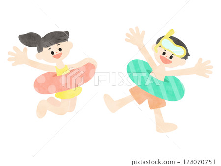 Set of children in swimsuits playing with swim rings Summer motif Simple watercolor illustration 128070751