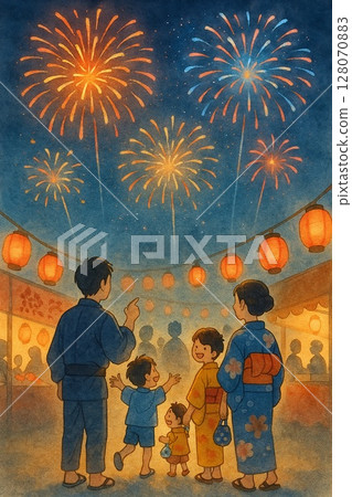 Summer festival night with a family in yukata enjoying the fireworks display Summer festival night with a family in yukata enjoying the fireworks display 128070883