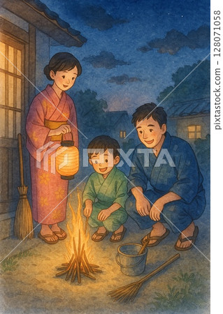 一家人穿著浴衣點燃營火，參加夏季盂蘭盆節 128071058