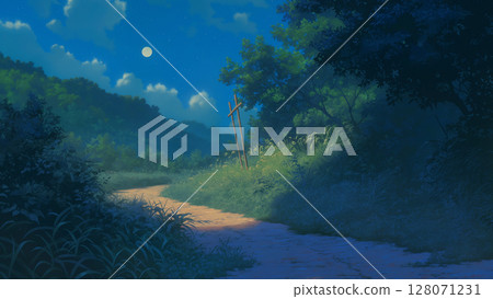 深夜森林中土路的場景，動漫風格 128071231