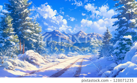 Winter mountain dirt road landscape, cartoon style 128071235