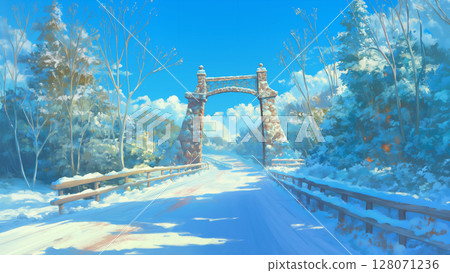 Winter dirt road landscape with gate, anime style Winter dirt road landscape with gate, anime style 128071236