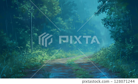 Scene of a dirt road in a forest with light rain, anime style Scene of a dirt road in a forest with light rain, anime style 128071244
