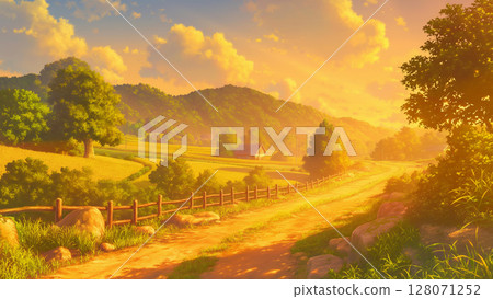傍晚鄉村土路場景，動漫風格 128071252