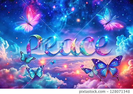 Colored sunset inscription peace with beautiful butterflies, blue pink sky 128071348