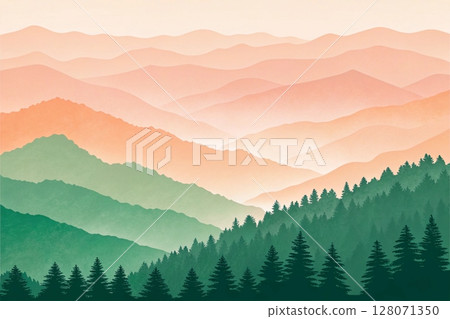Evening morning orange green nature mountain landscape with forest 128071350