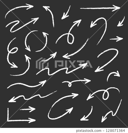 Arrow drawn hand vector line icon set. Hand drawn brush chalk stroke arrow curve, thin pencil scribble shape with vintage charcoal crayon texture. Doodle up down arrow symbol. Vector 128071364