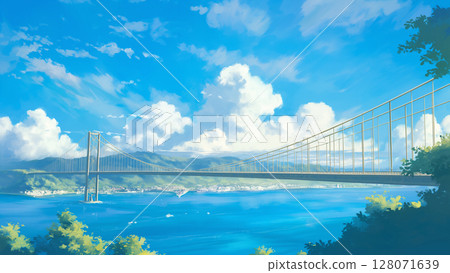 夏季風景與大橋，動漫風格 128071639