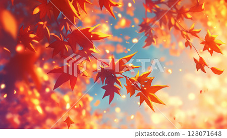 Autumn landscape with bright red leaves, anime style 128071648
