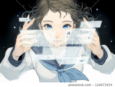 Future education - Illustration of a high school girl manipulating a hologram Future education - Illustration of a high school girl manipulating a hologram 128071654
