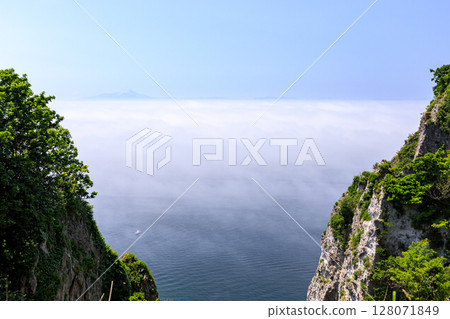 Muroran, Hokkaido, Hokkaido - Funka Bay and Hokkaido Komagatake shrouded in sea mist as seen from Ginbyobu (Silver Screen) [June] 128071849