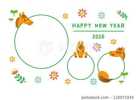 2026 New Year's card template Year of the Horse 3 photos White background Simple design 128071938