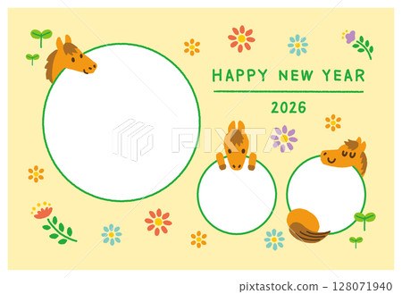 2026 New Year's card template, Year of the Horse, 3 photos, Horse, Photo frame, Background included 128071940