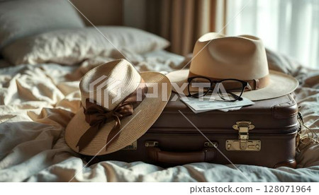 A stylish hat, trendy glasses, and a suitcase on a bed, representing the excitement of travel planning 128071964