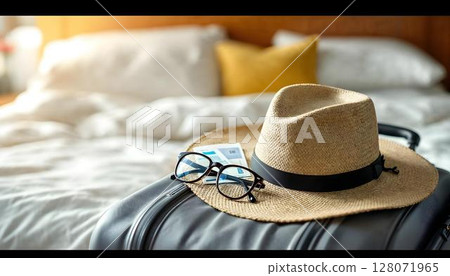 A bed adorned with a hat, glasses, and a suitcase, capturing the essence of travel inspiration and readiness 128071965
