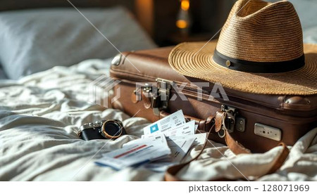 A bed decorated with a hat, sunglasses, and a suitcase, capturing the essence of travel inspiration and preparedness 128071969
