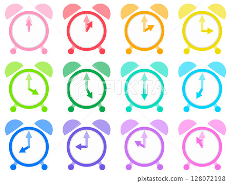 Alarm clock icon set of 12 colorful colors from 0 to 12 o'clock 128072198