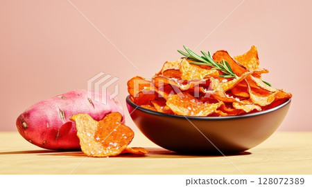 Crispy golden-orange sweet potato chips in a rustic bowl with fresh sweet potatoes nearby Crispy golden-orange sweet potato chips in a rustic bowl with fresh sweet potatoes nearby 128072389