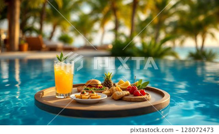 A floating tray featuring drinks and delicious food on a table by the pool, highlighting a sophisticated vacation setting 128072473