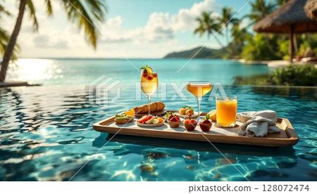 A beautifully arranged floating tray with drinks and food on a table at the pool, representing a luxurious getaway experience 128072474