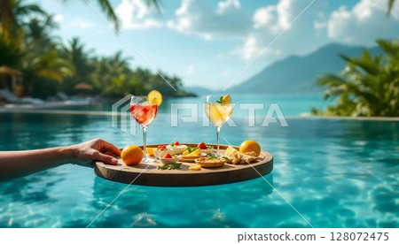 A stylish floating tray with refreshments and snacks on a table next to a pool, showcasing a lavish vacation atmosphere 128072475