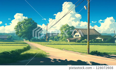 Rural straight road landscape, anime style 128072608