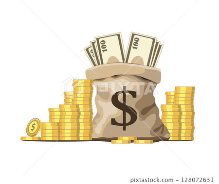 illustration of money bag full dollar and gold coin, illustration of money bag full dollar and gold coin, 128072631