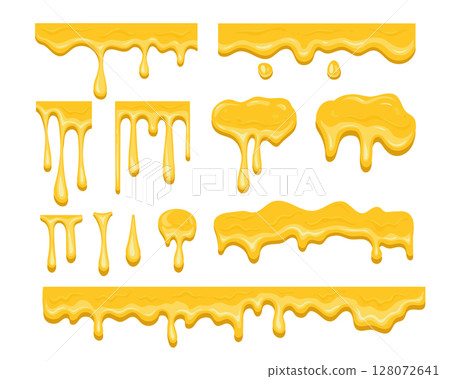 Honey flowing and dripping set. Dripping golden delicious honey flows Honey flowing and dripping set. Dripping golden delicious honey flows 128072641