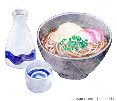 Watercolor illustration, hand-drawn illustration, soba noodles and sake 128072715