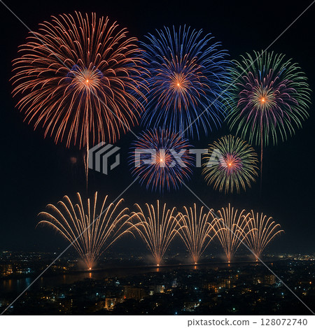 夢幻般的煙火表演照亮了河畔小鎮（人工智慧生成） 128072740