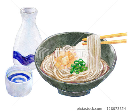 水彩插圖、手繪插圖、磨碎的蕎麥麵和清酒 128072854
