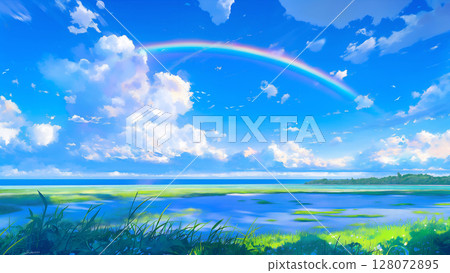 彩虹、藍天和海邊的沼澤地，動漫風格 128072895