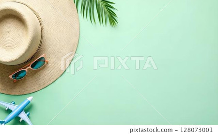 A summer holiday scene showcasing a hat, sunglasses, palm leaf, and airplane against a vibrant green backdrop A summer holiday scene showcasing a hat, sunglasses, palm leaf, and airplane against a vibrant green backdrop 128073001