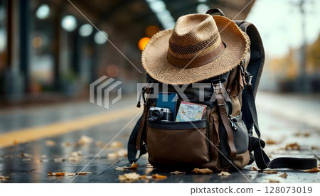 An image of a backpack and hat on a railway platform, illustrating the concept of travel and the excitement of exploration An image of a backpack and hat on a railway platform, illustrating the concept of travel and the excitement of exploration 128073019
