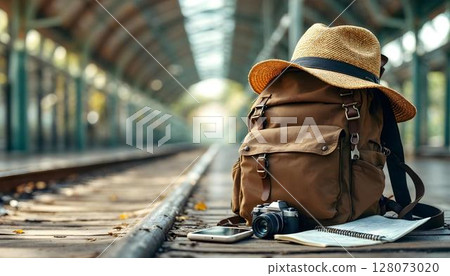 A backpack and hat on a railway platform, capturing the essence of travel and the anticipation of new adventures A backpack and hat on a railway platform, capturing the essence of travel and the anticipation of new adventures 128073020