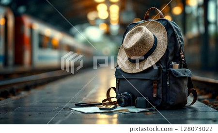 A travel-themed image featuring a backpack and hat placed on a railway platform, evoking wanderlust and exploration A travel-themed image featuring a backpack and hat placed on a railway platform, evoking wanderlust and exploration 128073022
