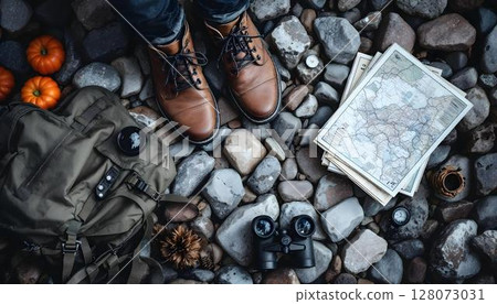 Hiking boots and a map laid out on the ground, capturing the essence of adventure and budget travel for explorer 128073031