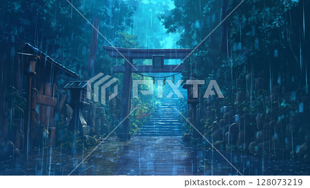 Scenery of a hidden torii gate in the rain, anime style 128073219