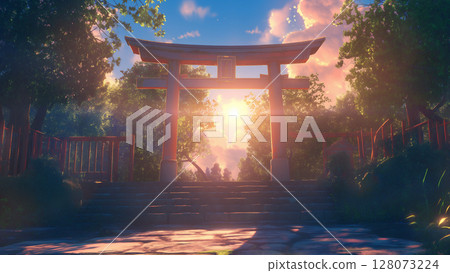 Scenery of a torii gate with the rising sun, anime style 128073224