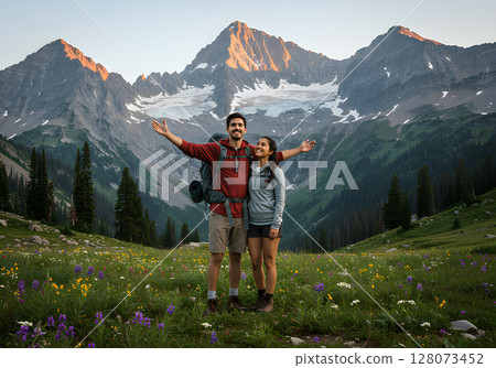 Man and woman posing on a mountain 128073452