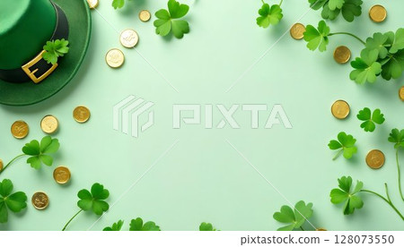 A festive green hat and shiny gold coins set against a rich green background for St. Patrick's Day 128073550