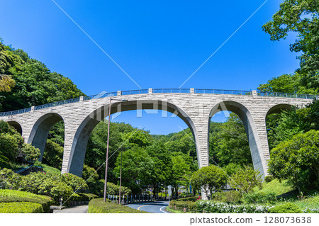 Nanasawa Forest Park: A bridge through the forest shining against the blue sky (Atsugi City, Kanagawa Prefecture) 128073638