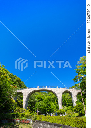 Nanasawa Forest Park: A bridge through the forest shining against the blue sky (Atsugi City, Kanagawa Prefecture) 128073640