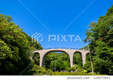 Nanasawa Forest Park: A bridge through the forest shining against the blue sky (Atsugi City, Kanagawa Prefecture) 128073641