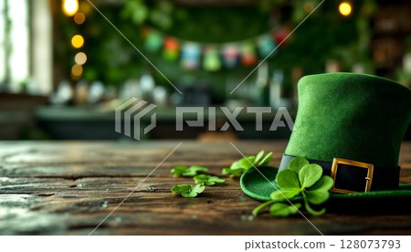 A festive St. Patrick's Day hat resting on a wooden table, set against a cheerful holiday background 128073793