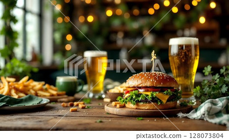 A St. Patrick's Day celebration with a hearty burger and a frosty beer on a rustic table 128073804