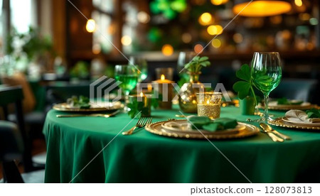 A stunningly set table for St. Patrick's Day, featuring green decor that amplifies the festive spirit A stunningly set table for St. Patrick's Day, featuring green decor that amplifies the festive spirit 128073813