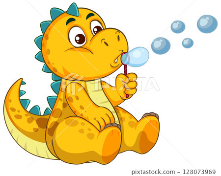 Cute Dinosaur Blowing Bubbles Illustration 128073969