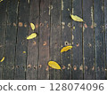 leaves fall on wooden floor, Wooden textured surface with natural leaves background 128074096